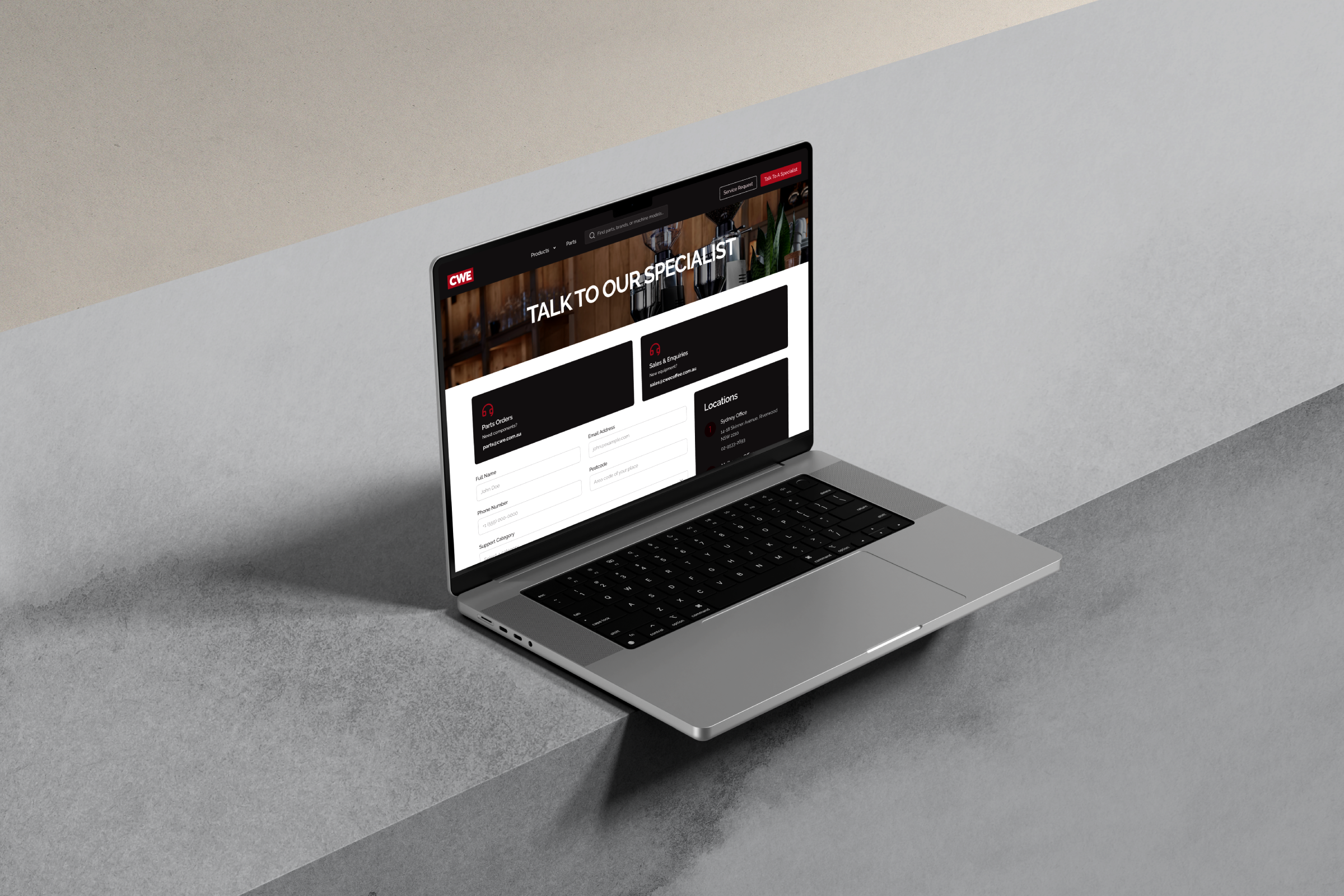 Coffee Works Express specialist contact page with enquiry forms and locations