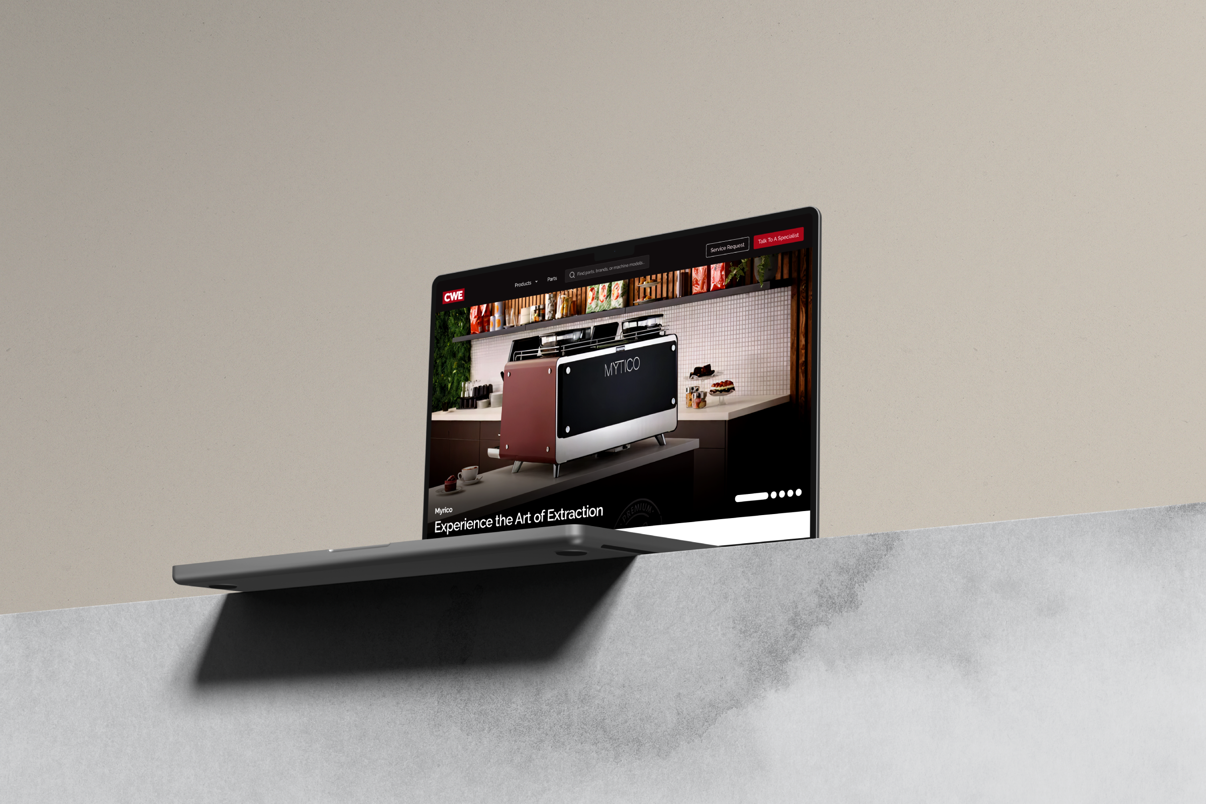 Redesigned Coffee Works Express homepage with the featured machine hero