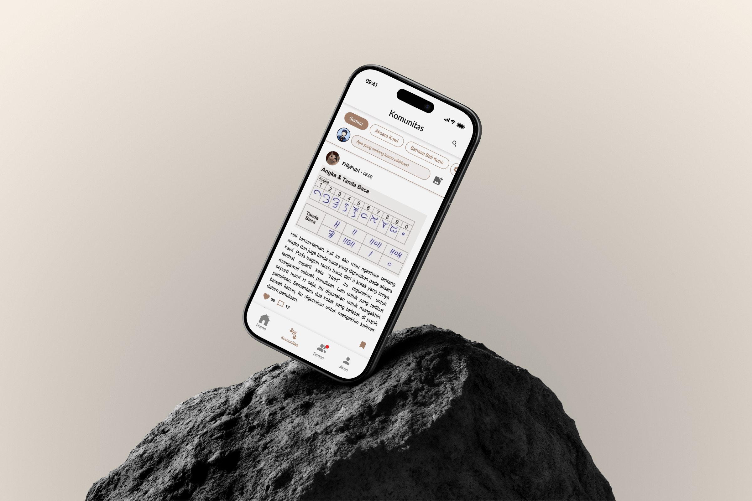 Epi-Go community feed with posts about aksara numerals and punctuation