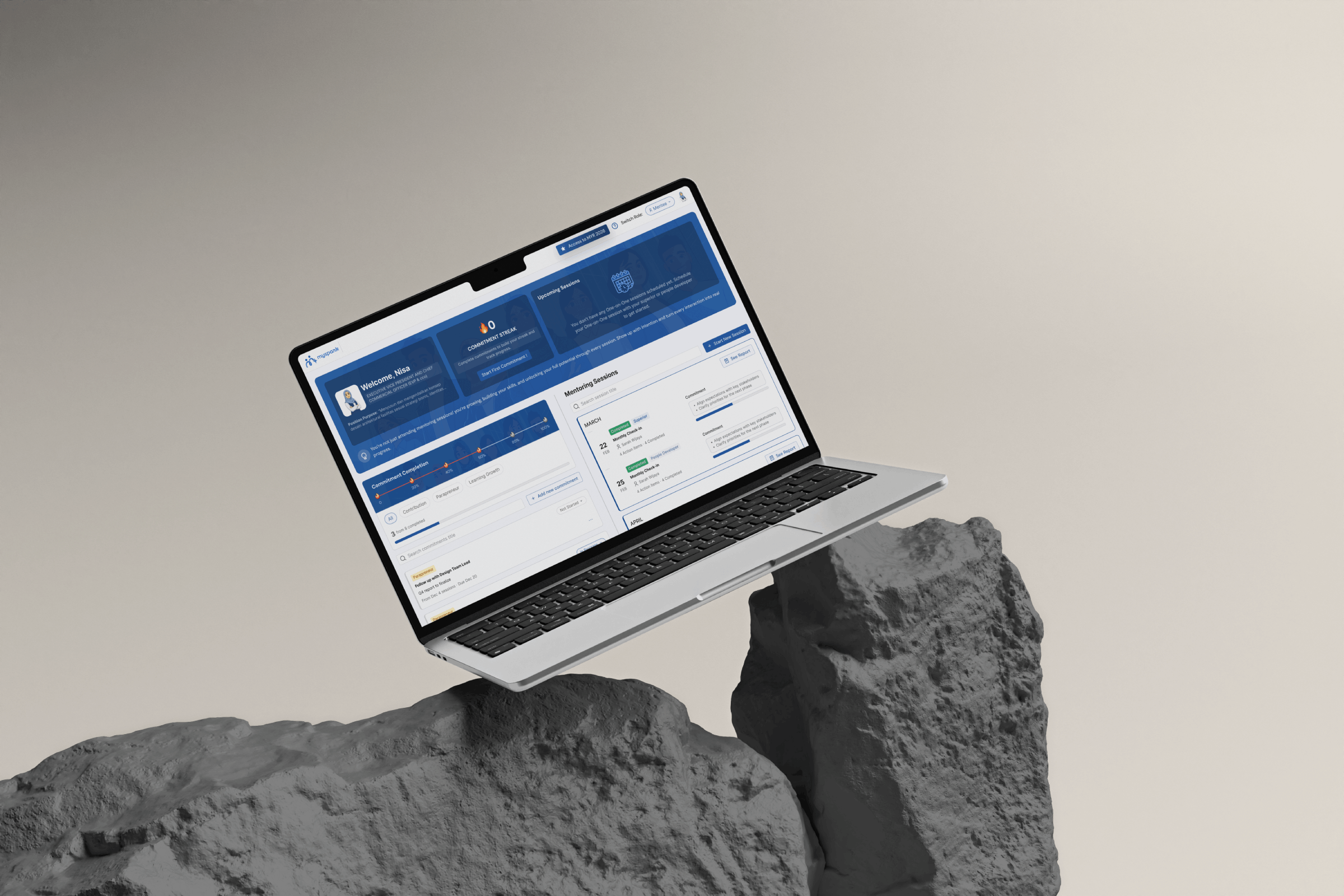 MySpark mentee dashboard with commitment completion and mentoring sessions