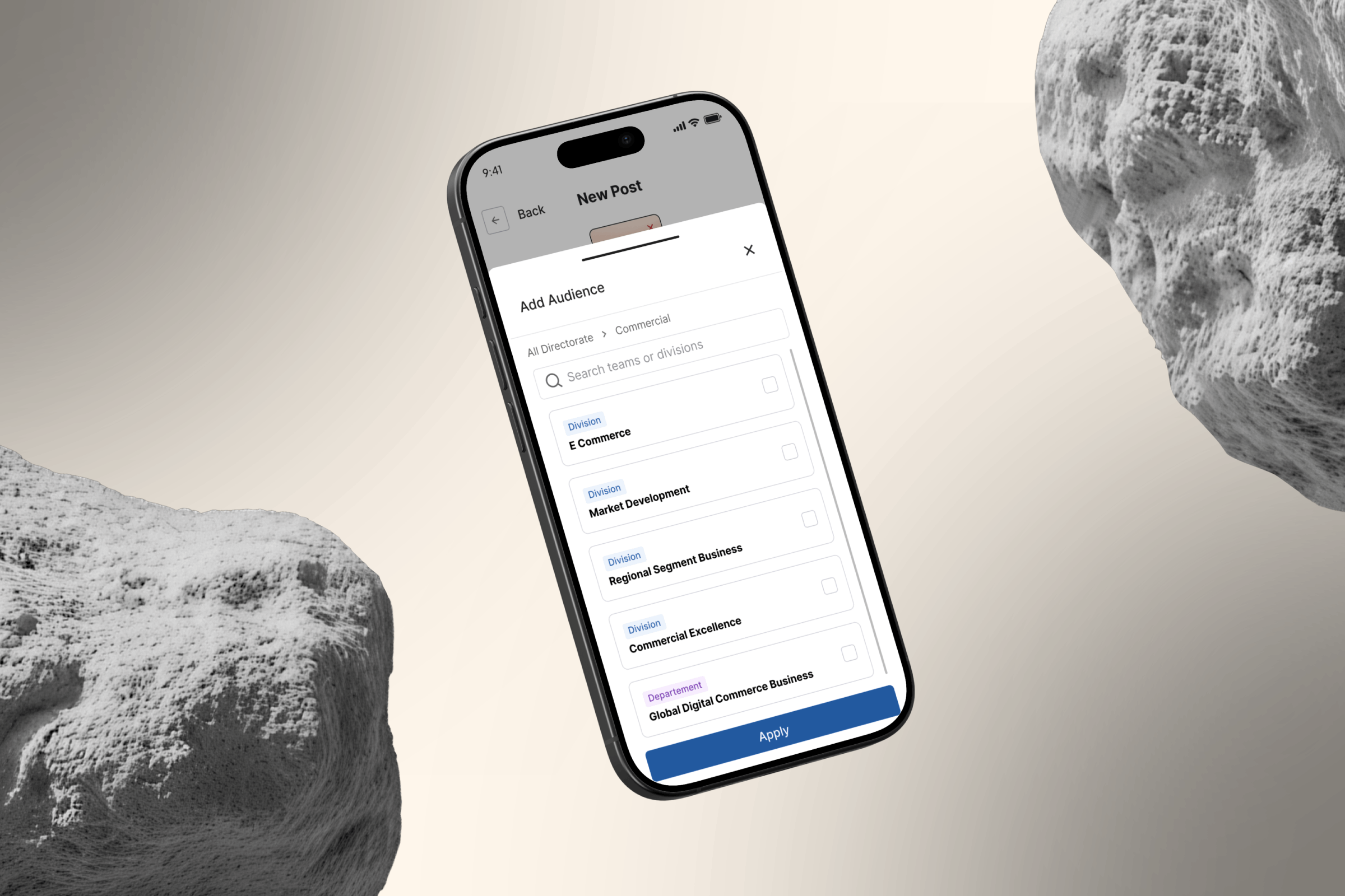 RODE audience picker targeting posts by division and department
