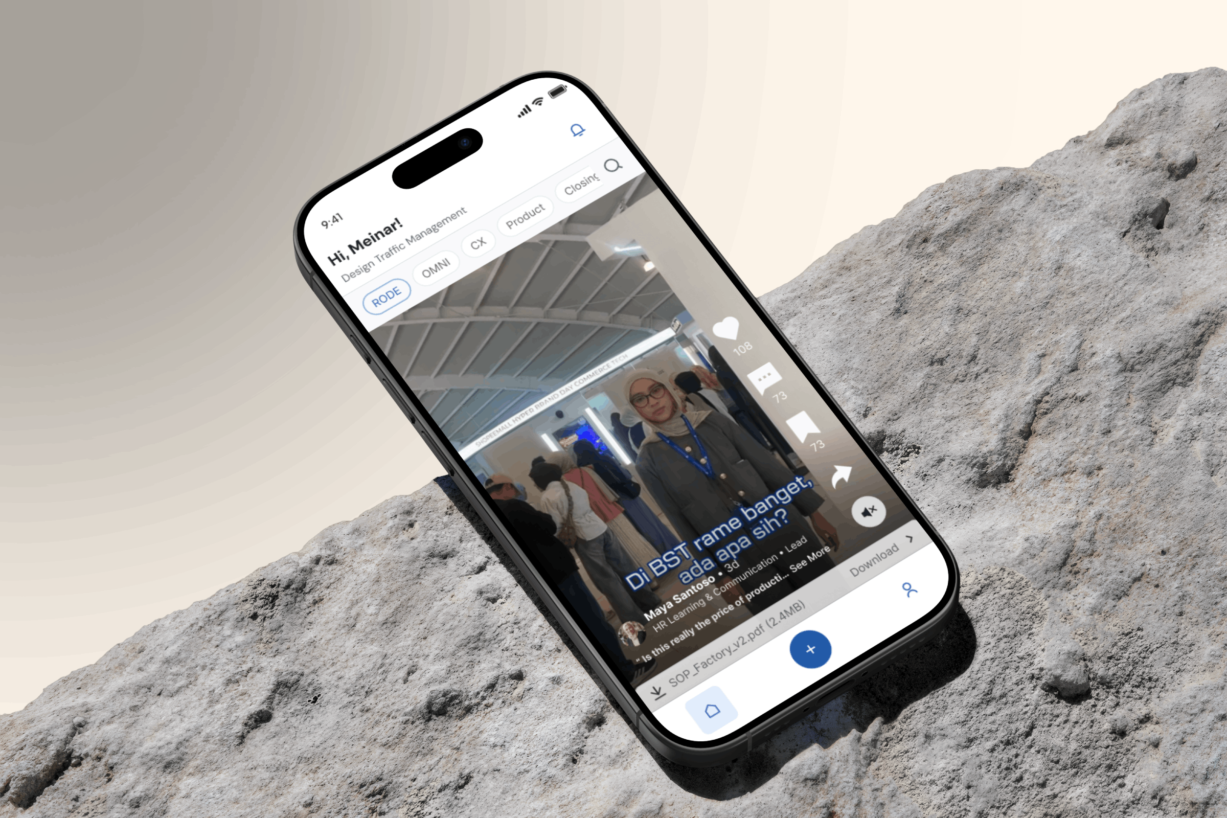 RODE vertical SOP video feed with likes, comments, and an attached PDF